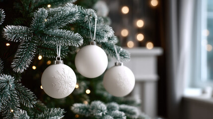 Christmas tree branch with white ornament ball, festive decoration, winter holiday, cozy home, glowing light, peaceful mood