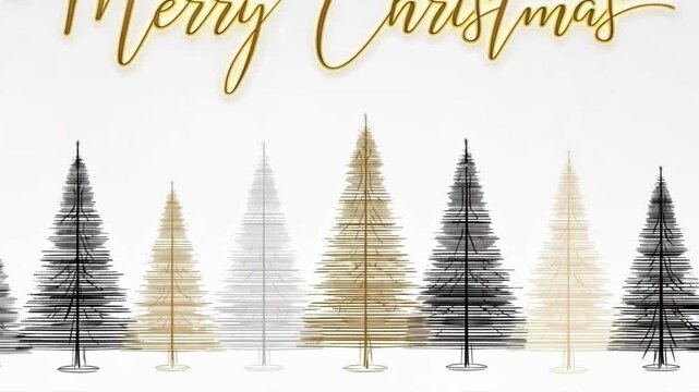 golden, black & white merry christmas congratulations animation with abstract christmas trees over white and gentle snowfall as a background