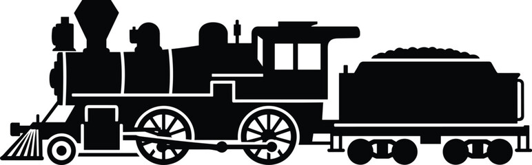 Vintage steam locomotive silhouette on tracks, classic railroad engine illustration, retro coal train transportation design, historic railway vehicle artwork, black vector graphic © Masud World