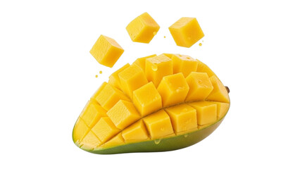 Fresh ripe mango cut into cubes with juice droplets falling fruit tropical