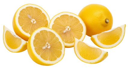 Fresh yellow lemons whole and sliced on a vibrant striped background citrus fruit