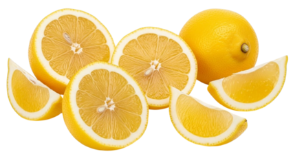 Fresh yellow lemons whole and sliced on a vibrant striped background citrus fruit