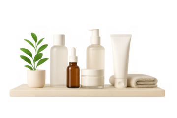 Skincare products arrangement on shelf with plant