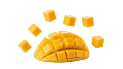 Fresh yellow mango half with cubes scattered around on striped background fruit tropical