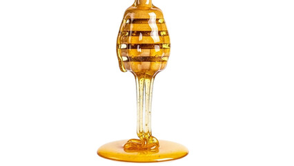 Golden Honey Dripping from Wooden Honey Dipper on White Background amber sweet