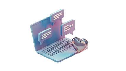 Pixel Art Laptop Displaying Chat Bubbles Beside a Reflective Heart Icon Against a Dark Background with Soft Lighting Accents