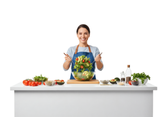 Smiling woman chef preparing fresh vegetable salad at kitchen counter isolated on transparent background