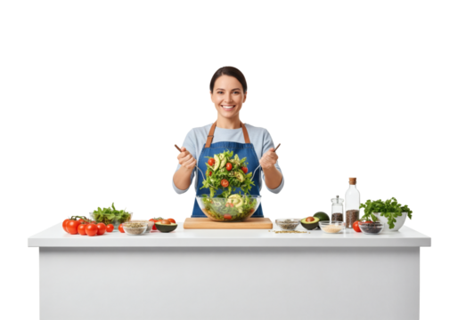 Smiling woman chef preparing fresh vegetable salad at kitchen counter isolated on transparent background - Powered by Adobe