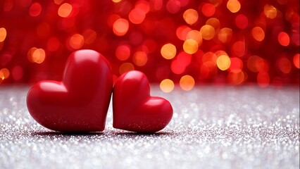 Two red hearts on sparkling silver surface with red bokeh background love romance
