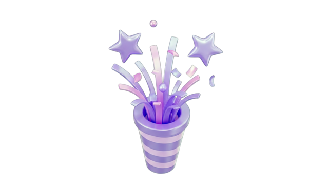 Purple and White Striped Party Popper Exploding with Iridescent Confetti and Light Purple Stars on a Transparent Background Celebration and Surprise Element - Powered by Adobe