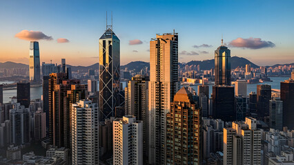 Fototapeta premium Hong Kong Cityscape at Sunset: A Panoramic View of Modern Architecture and Urban Life