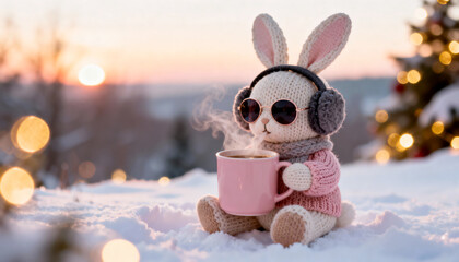 Knitted rabbit toy with sunglasses and earmuffs holding a steaming pink mug in snow. Cozy winter Christmas holiday scene for kids.