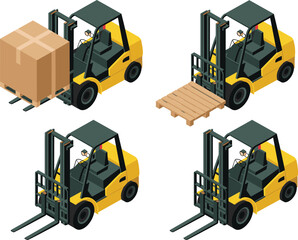 Isometric forklift illustration set, warehouse lifting vehicles, pallet loader, industrial equipment, cargo handling machines, logistics machinery icons, 3D vector design