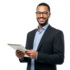 Smiling african american businessman in a suit holding a tablet computer isolated on transparent background