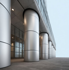 Naklejka premium Modern stainless steel building exterior with large cylindrical columns, glass windows, and minimalistic urban architecture design