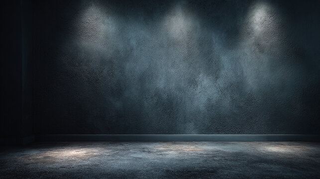 An empty studio with textured wall background and light effects that highlight the space
