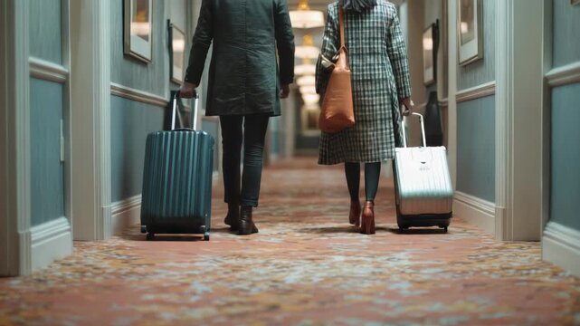 travelers walking down a hotel hallway with rolling suitcases