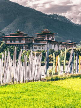 Aerial view of the majestic Punakha Dzong fortress gleams against the backdrop of verdant hills, framed by vibrant prayer flags fluttering in the breeze, Punakha, Bhutan.