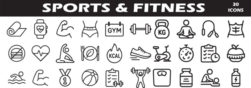 Sports and Fitness Icon Set, fitness icon set, sports symbol vector, black line wellness graphics, gym and workout illustrations, nutrition and health icons, wellness app icons, boxing and weight lift