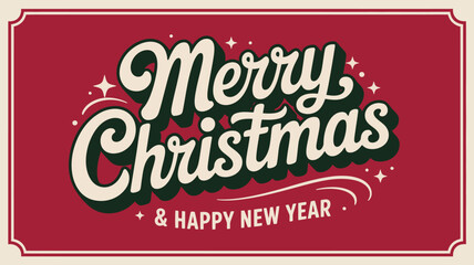 Vintage Merry Christmas and Happy New Year greeting card with bold retro typography on a red background, perfect for festive winter holiday designs