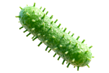 Close-up view of a green bacterium with spiky structures