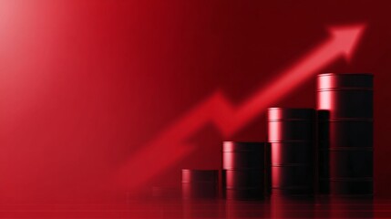 A vibrant red background highlights an upward trend with rising bars. This image symbolizes growth and success. Ideal for financial presentations and analytics. AI