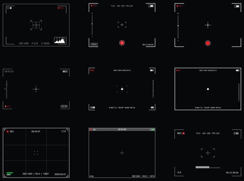 Digital Video Camera Viewfinder Interfaces Set. Black Screen Overlay with REC Indicators, Focus Targets, and Technical Data. 9 Different Camera and Camcorder on screen Displays, Viewfinders Layouts.
