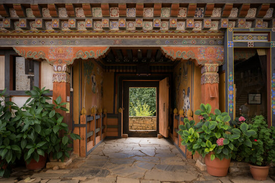 View of an ornate archway adorned with vibrant colors and intricate patterns framing a doorway to lush greenery, Ogyencholing, Bumthang, Bhutan.