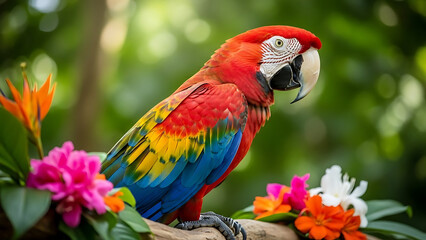 Fototapeta premium Vibrant Macaw Parrot on Tropical Branch with Exotic Flowers in Rainforest