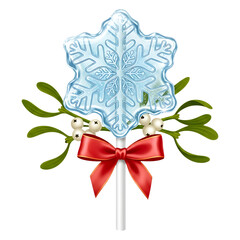 A festive holiday lollipop with a snowflake design and red bow isolated on a transparent background