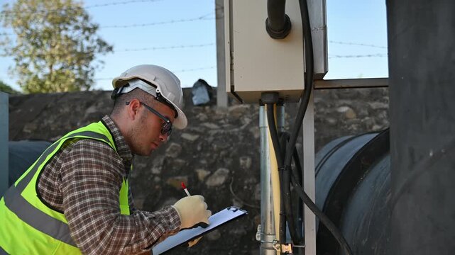 Professional electrical engineer working on control panel maintenance at outdoor industrial facility