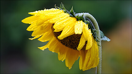 laurate. Sunflower drooping after a storm with rain droplets on its petals. gardening catalogs, home-decor guides, designed for home decor and floral branding, celebrates nature.