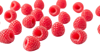 Scattered Ripe Red Raspberries Against a Vibrant Red Striped Background raspberry fruit