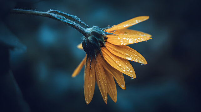 laurate. Sunflower drooping after a storm with rain droplets on its petals. gardening catalogs, home-decor guides, designed for home decor and floral branding, celebrates nature.