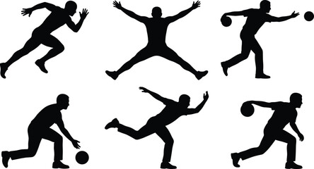 Athletic bowling player silhouettes collection illustration, men performing dynamic bowling actions and throwing ball poses, sports movement concept, cad drawing flat vector illustration