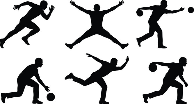 Athletic bowling player silhouettes collection illustration, men performing dynamic bowling actions and throwing ball poses, sports movement concept, cad drawing flat vector illustration