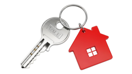 Silver Yale Key with Red House Shaped Keychain on White Background image