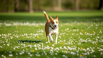 A happy brown and white dog joyfully running through a sunlit green field filled with white daisy flowers.