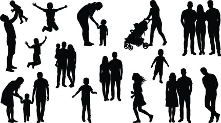 Family people silhouettes collection illustration, parents children and couples in daily life poses, human figures set, cad drawing flat vector illustration