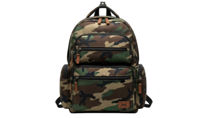 Camouflage Pattern Backpack with Multiple Zippers and Leather Accents Keywords: backpack