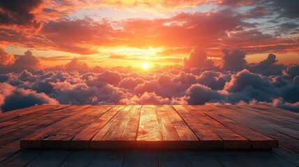 Wooden deck above clouds, vibrant sunset