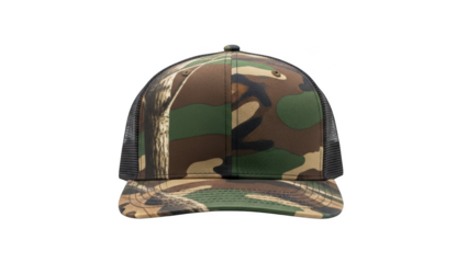 Camouflage Trucker Hat with Mesh Back on Black Background Keywords: hat, cap, camouflage