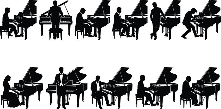 Grand piano musician silhouettes collection illustration, classical pianist performing concert poses set, music performance concept, cad drawing flat vector illustration