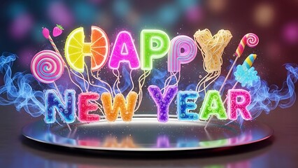 Happy New Year text art with colorful candy and bright lights, celebrating the festive season and new beginnings