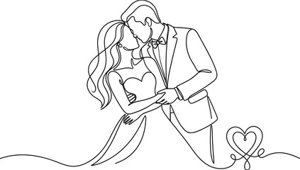 Minimalist single line wedding couple illustration, romantic bride and groom embrace, elegant love art, cad drawing flat vector illustration