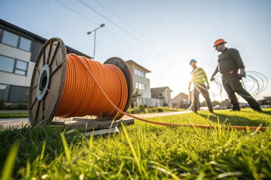 Construction site with fiber optic cable installation. Workers and heavy machinery lay underground cables for high-speed internet, broadband communication, and modern network infrastructure.