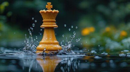 Yellow queen chess piece splashing water