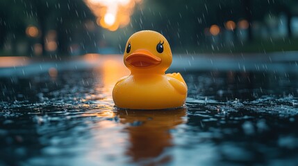 Yellow rubber duck in a puddle during rain