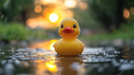 Yellow rubber duck in a puddle during sunset rain