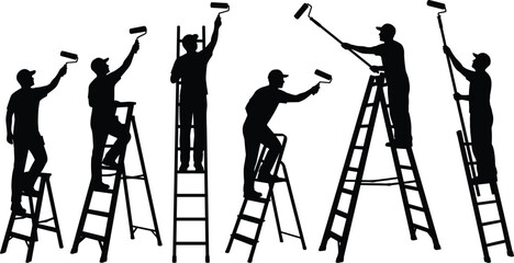 Painter worker silhouettes collection illustration, men on ladders painting walls with rollers in various poses, construction labor concept, cad drawing flat vector illustration